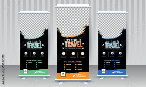 Trendy modern Travel business agency standee x rollup pullup retractable signage banner design vector template