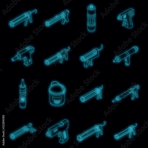 Silicone caulk gun icons set. Isometric set of silicone caulk gun vector icons neon color on black