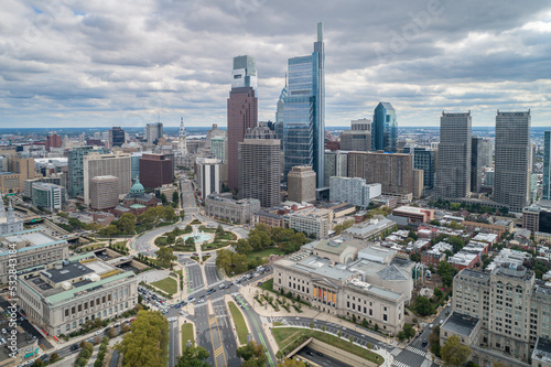 Top View of Downtown Skyline Philadelphia USA and City Hall. Philadelphia City Center, Pennsylvania. Business Financial District and Skyscrapers in Background. photo