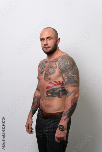 Naked blue man isolated fat big chubby overweight young, concept male adult for portrait and shirtless posing, nose muscular. Hair hairstyle stomach, brutal