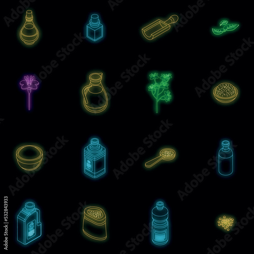 Canola icons set. Isometric set of canola vector icons neon color on black