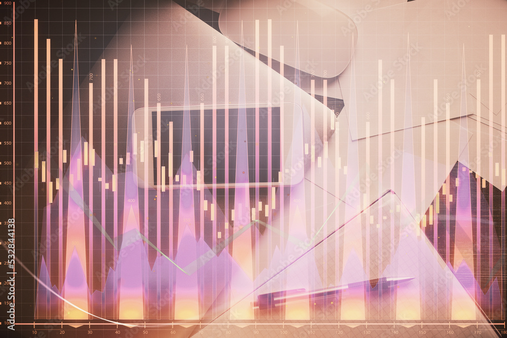 Multi exposure of forex graph hologram over desktop with phone. Top view. Mobile trade platform concept. Multi exposure of forex graph hologram over desktop with phone. Top view. Mobile trade platform concept.