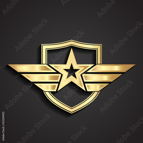 3d gold military star and shield with wings