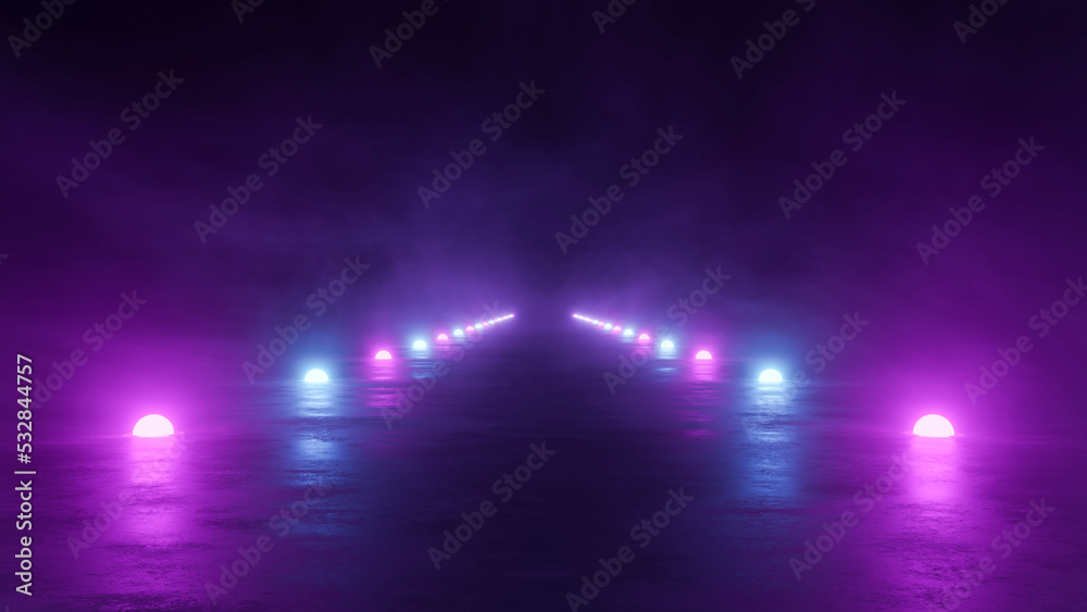 Landscape with runway in smoke illuminated by blue, purple neon lamps, futuristic conceptual world. Background with fluorescent, technology, Sci-Fi, nightclub, elements. 3d render art modern design. - obrazy, fototapety, plakaty 