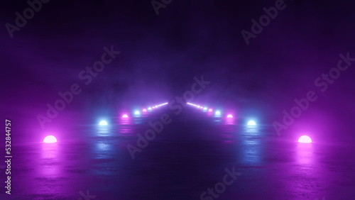 Landscape with runway in smoke illuminated by blue, purple neon lamps, futuristic conceptual world. Background with fluorescent, technology, Sci-Fi, nightclub, elements. 3d render art modern design.