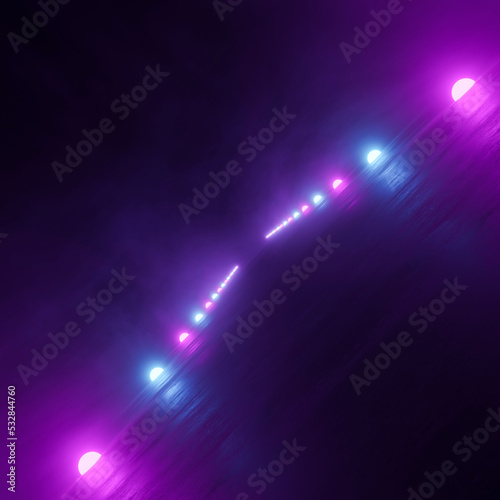 Abstract scene with concrete floor, smoke illuminated by blue and purple neon lamps, futuristic conceptual world. Background with nightclub, technology, Sci-Fi, elements. 3d render art modern design.