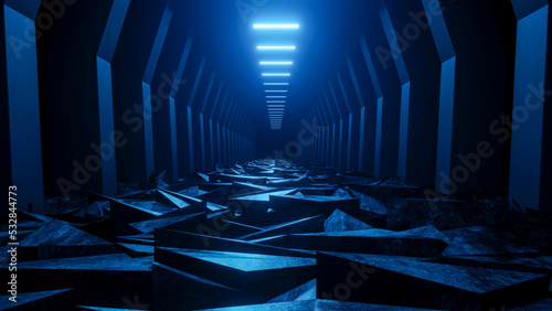 Fototapeta Naklejka Na Ścianę i Meble -  Cyber landscape with the concrete ruins illuminated by blue lamps, futuristic conceptual world. Background with technology, Sci-Fi, neon, conceptual, elements. 3d render art modern design.