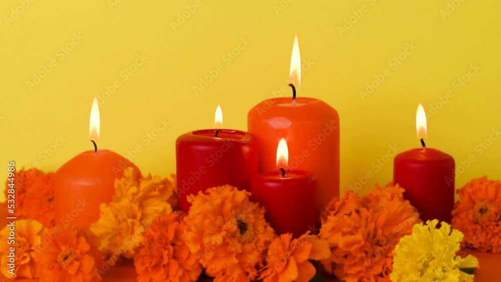 Marigold flowers and Candles.Flowers of cempasuchil, altar. Day of the dead concept dia de los muertos.