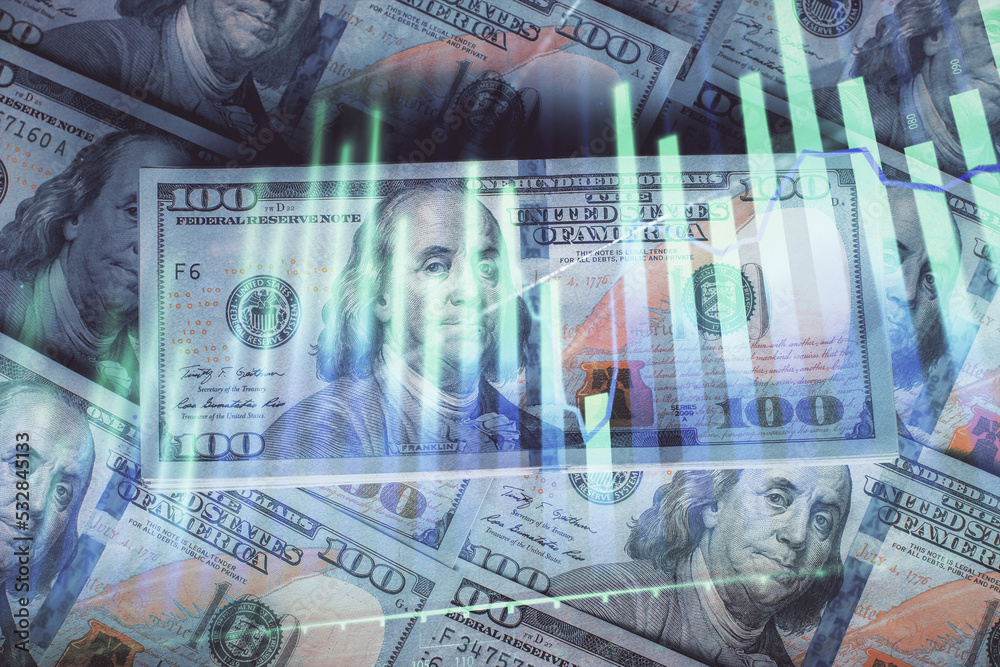 Naklejka premium Multi exposure of forex chart drawing over us dollars bill background. Concept of financial success markets.