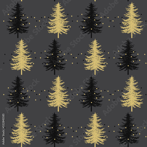 Christmas tree seamless pattern. Noel gold on black print, New year winter decoration, golden christmas background with firs and snowflakes, wallpaper, wrapping paper design