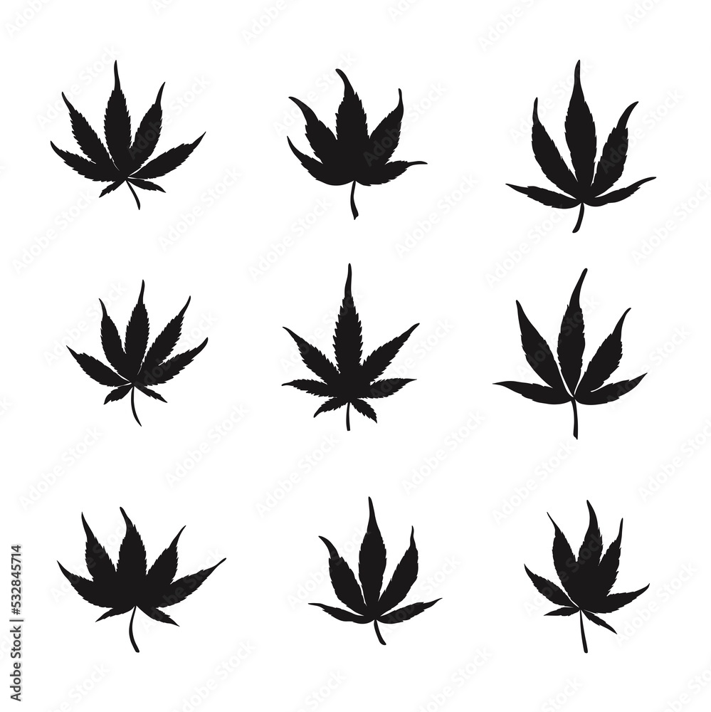 Set of black cannabis leaves isolated on a white background Silhouette of cannabis