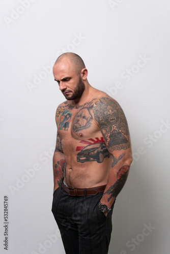 Looks man handsome male down fashion model portrait naked, for background sunglasses in tattoo and people attractive, masculine muscles. Dude standing men, hairstyle