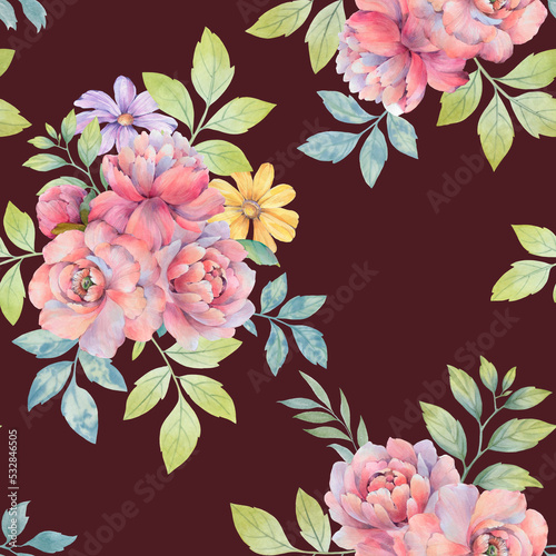 Watercolor flowers, seamless pattern for design