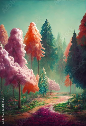 A fairytale forest with colorful trees