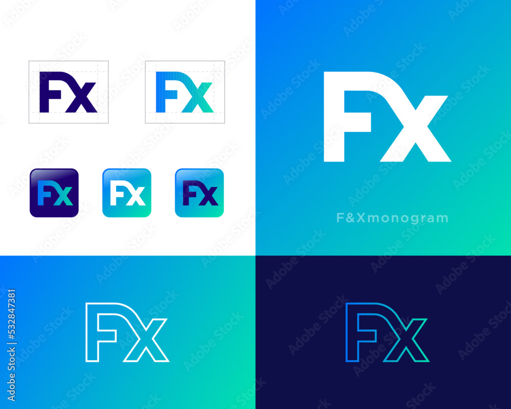 F and X monogram. Letter F merged with Letter X. Abstract icon. Identity, corporate style, app button set. F and X monogram. Letter F merged with Letter X. Abstract icon. Identity, corporate style, app button set.