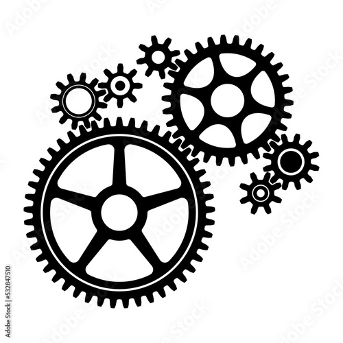 7 sizes of mechanical cogwheels, small 8 teeth, medium 30 teeth and large 45 teeth. Black silhouette gear icon design element. White background. Vector illustration.