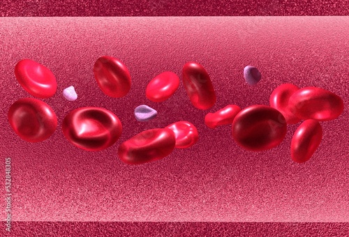 Anatomical 3d illustration of red blood cells. Moving horizontally in a blood stream. photo