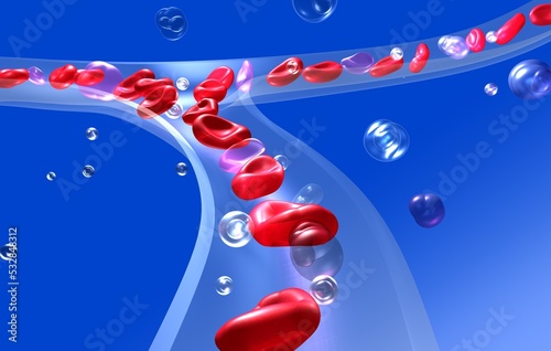Anatomical 3d illustration of red blood cells in blood circulation. Transparent capillary glass on a blue background. photo