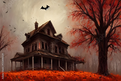 haunted house / spook house / ghost house / halloween house with red glowing windows in autumn with trees in background - digtal painting - illustration photo