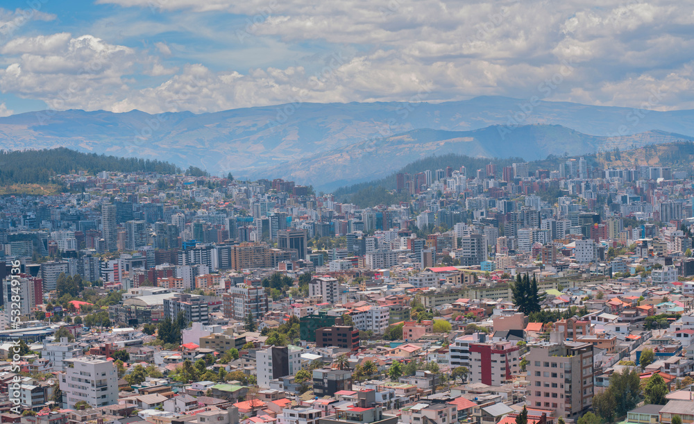 Panoramic view of the north central part of the city of Quito full of modern buildings during a sunny morning
