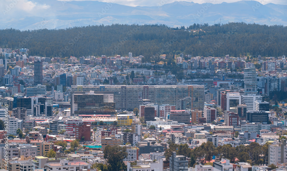 Aerial view of the new Government Financial Platform located on the Rio Amazonas avenue north of the city of Quito on a sunny day
