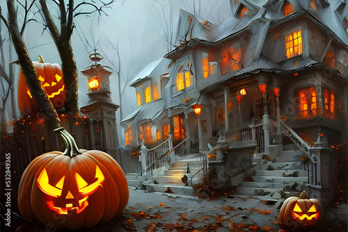 Halloween pumpkins / Jack-o'-lantern / Jack o lantern with houses in background - digital painting - illustration