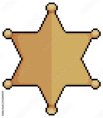 Pixel art golden star, six pointed star, badge vector icon for 8bit game on white background