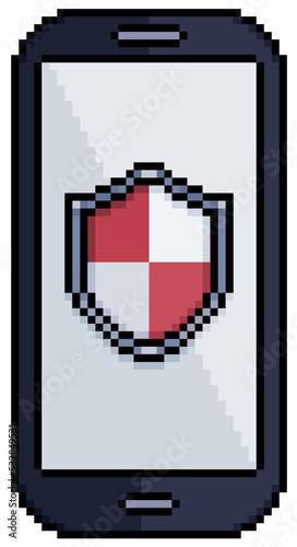 Pixel art cell phone with shield icon, cell phone antivirus vector icon for 8bit game on white background