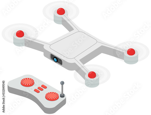 Remote aerial quadcopter controlled by remote control with camera taking photography or video recording. Quadrocopter with wings and propellers, isolated joystick with buttons, controller in distance