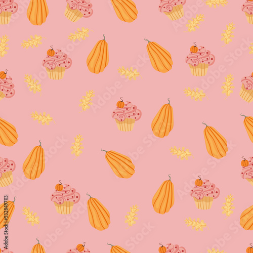 Autumn hand drawn seamless pattern with seasonal elements on pink background. Great for fabric, wallpaper, textile, packaging. Vector illustration.