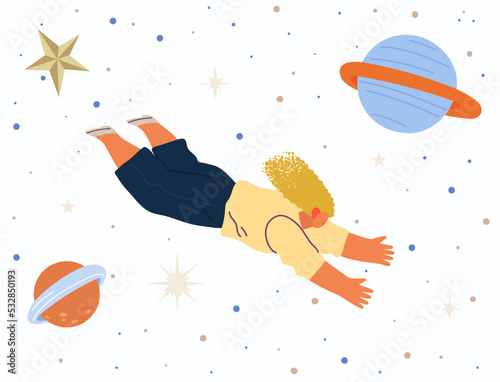 Astronaut woman flying among planets in dreams. Lady dressed as spaceman dreams about space. Girl with self made jetpack flying to sky. Person in costume of space explorer