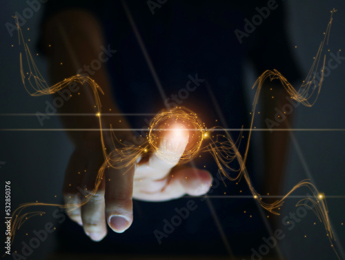A man's fingertip touching and accessing the power of the metaverse universe, the starting point or occurrence of the digital transformation into the new generation of the technology era