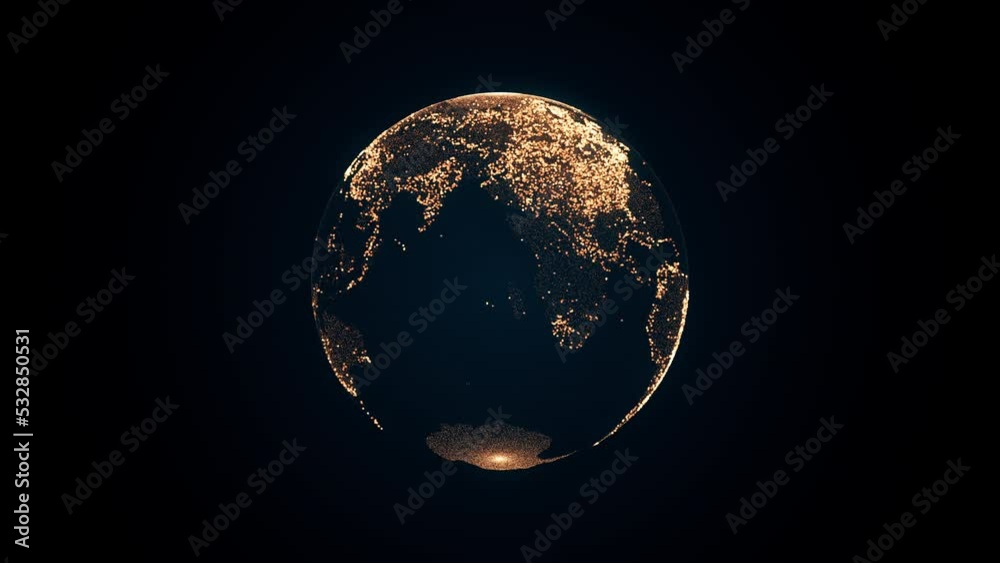 Animation of spinning golden globe of the Earth planet from particulars on dark background, 4K seamless loop earth animated wallpaper