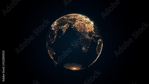 Animation of spinning golden globe of the Earth planet from particulars on dark background, 4K seamless loop earth animated wallpaper
