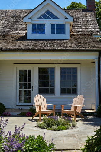 Photography Two adirondack chairs in a garden in front of a house