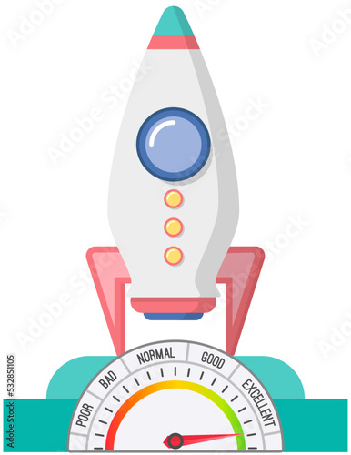 Rocket takes off into sky at high jet speed. Vector illustration spaceship and speedometer flat design. Rocket launch and fire flame, space ship startup, spacecraft liftoff cartoon development icon