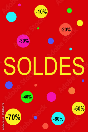 Soldes. Affiche rouge avec bulles multicolores de pourcentages. photo