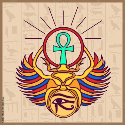 Egyptian Scarab bug with wings And ankh , Eye of Horus symbol.eps

