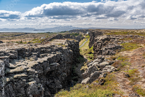 Panoramic view of the Almannagja rift valley at the Thingvellir national park in Iceland photo
