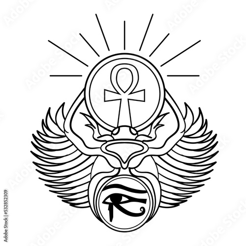 Title: Egyptian Scarab bug with wings And ankh , Eye of Horus symbol.eps