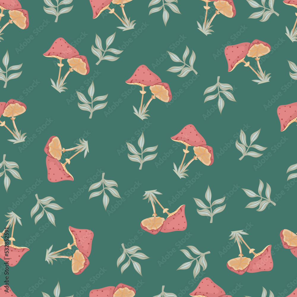 Obraz premium Autumn hand drawn seamless pattern with seasonal elements on green background. Great for fabric, wallpaper, textile, packaging. Vector illustration.