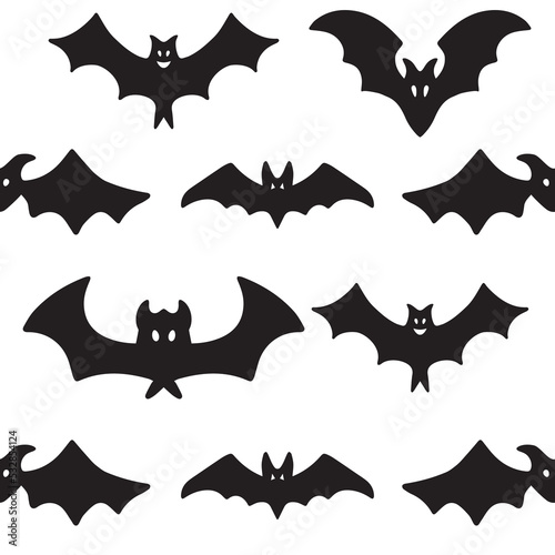 Halloween bats seamless pattern black silhouette vector.