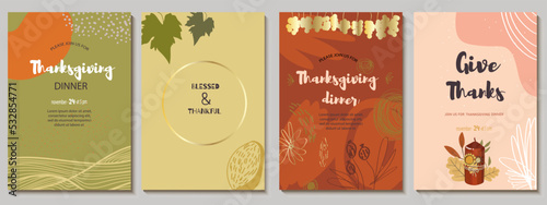 Set of invitations, menu, card design with abstract flowers, blots, autumn palette, candle and oak leaves. Suitable for Thanksgiving dinner.Vector illustration.