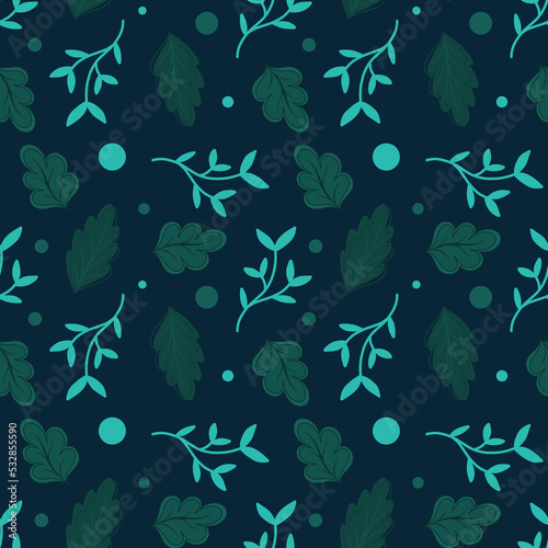 Seamless background with green leave doodles on dark blue background. Luxury pattern for creating textiles  wallpaper  paper. Vintage. Romantic floral Illustration