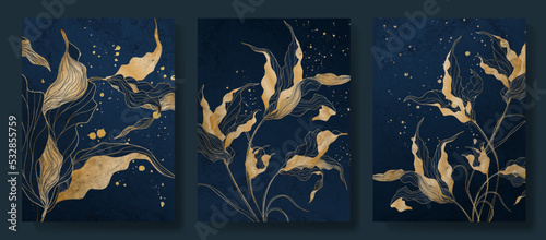 Leinwand Poster Luxury abstract art background with flowers in gold and blue in line style