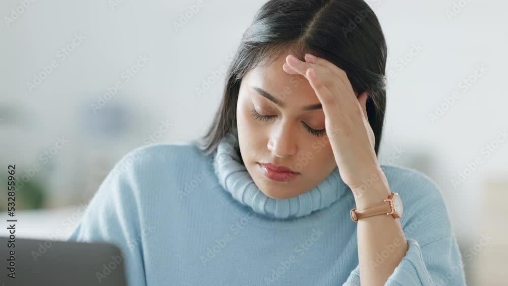 Burnout, stress and headache with business woman working on laptop for report, review or audit. Mental health, anxiety and sad employee busy online while tired, fatigue and in pain at office Burnout, stress and headache with business woman working on laptop for report, review or audit. Mental health, anxiety and sad employee busy online while tired, fatigue and in pain at office