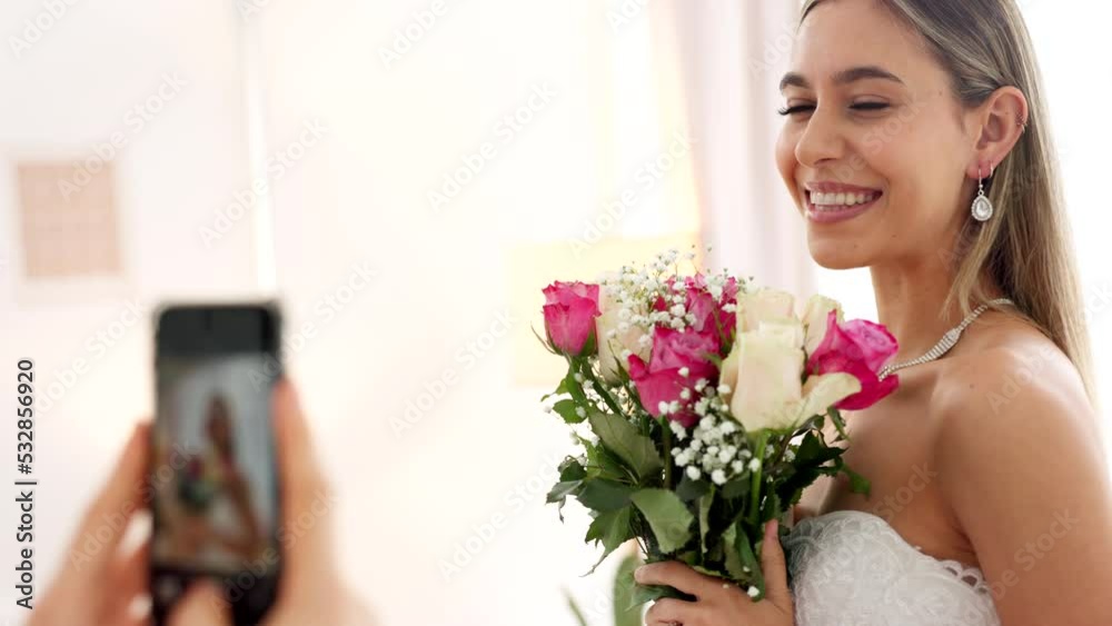 Phone photography of bride, bouquet and wedding celebration happy, love and smile in luxury designer dress at hotel. Rich girl, smartphone and flowers photo in bridal gown to celebrate marriage event Phone photography of bride, bouquet and wedding celebration happy, love and smile in luxury designer dress at hotel. Rich girl, smartphone and flowers photo in bridal gown to celebrate marriage event