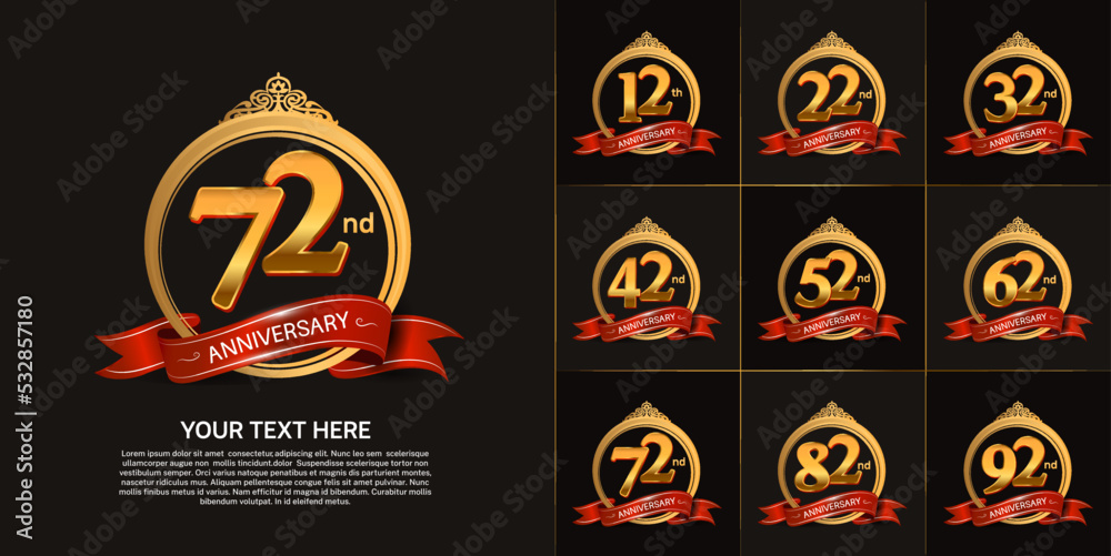 set of anniversary with gold color and red ribbon can be use for celebration moment