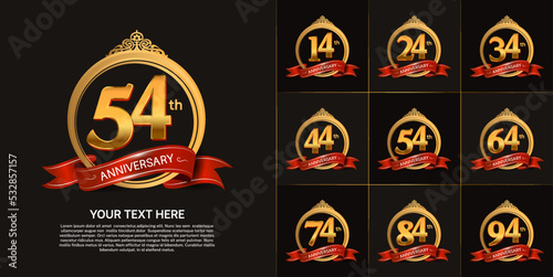 set of anniversary with gold color and red ribbon can be use for celebration moment