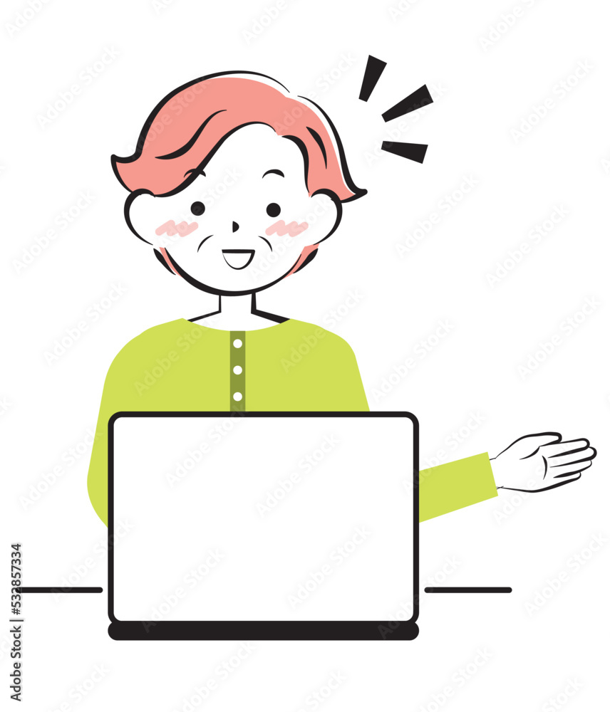 パソコン操作で案内するシニア女性　3c